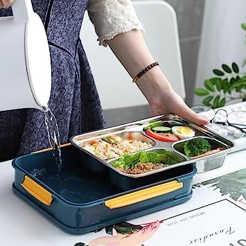 Stainless Steel Lunch Box 4 Compartments, Adult Food Storage Containers Airtight Sealed Lids with Large Capacity. Pack of 1. (4 Compartment Lunch Box with Handle. (1250ml))