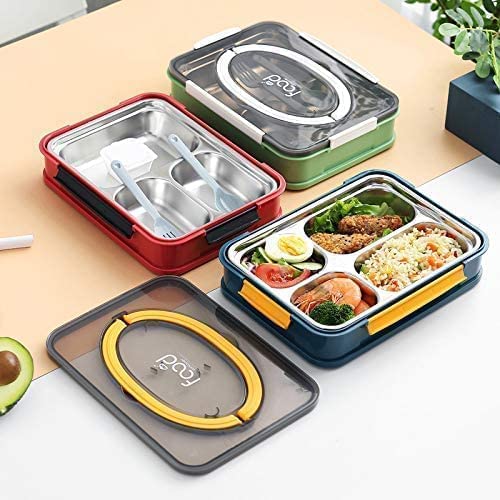 Stainless Steel Lunch Box 4 Compartments, Adult Food Storage Containers Airtight Sealed Lids with Large Capacity. Pack of 1. (4 Compartment Lunch Box with Handle. (1250ml))