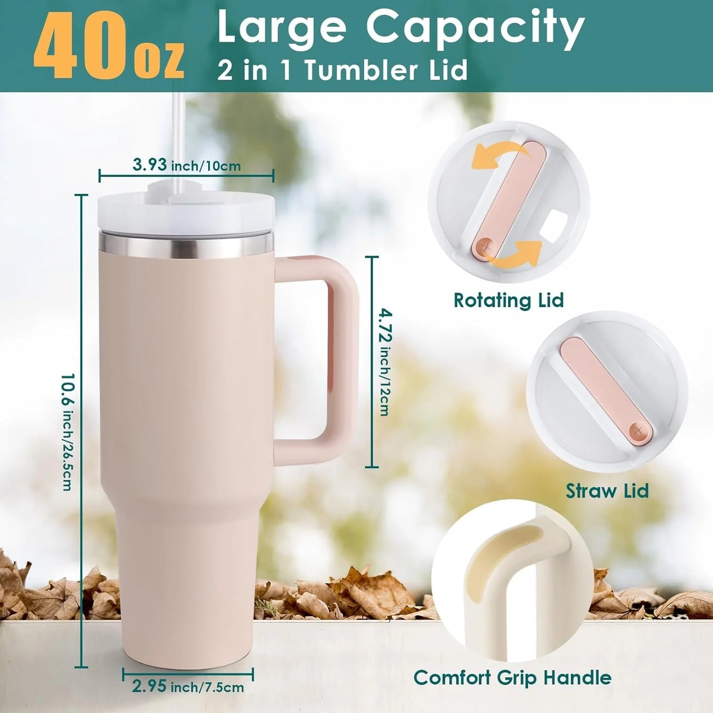TUMBLER WITH HANDLE AND STRAW LID 40OZ DOUBLE WALL STAINLESS STEEL WATER BOTTLE CUP REUSABLE TRAVEL GYM YOGA MUG BPA FREE DURABLE FOR ICED TEA COFFEE (ROSE CREAM), 1200 ML