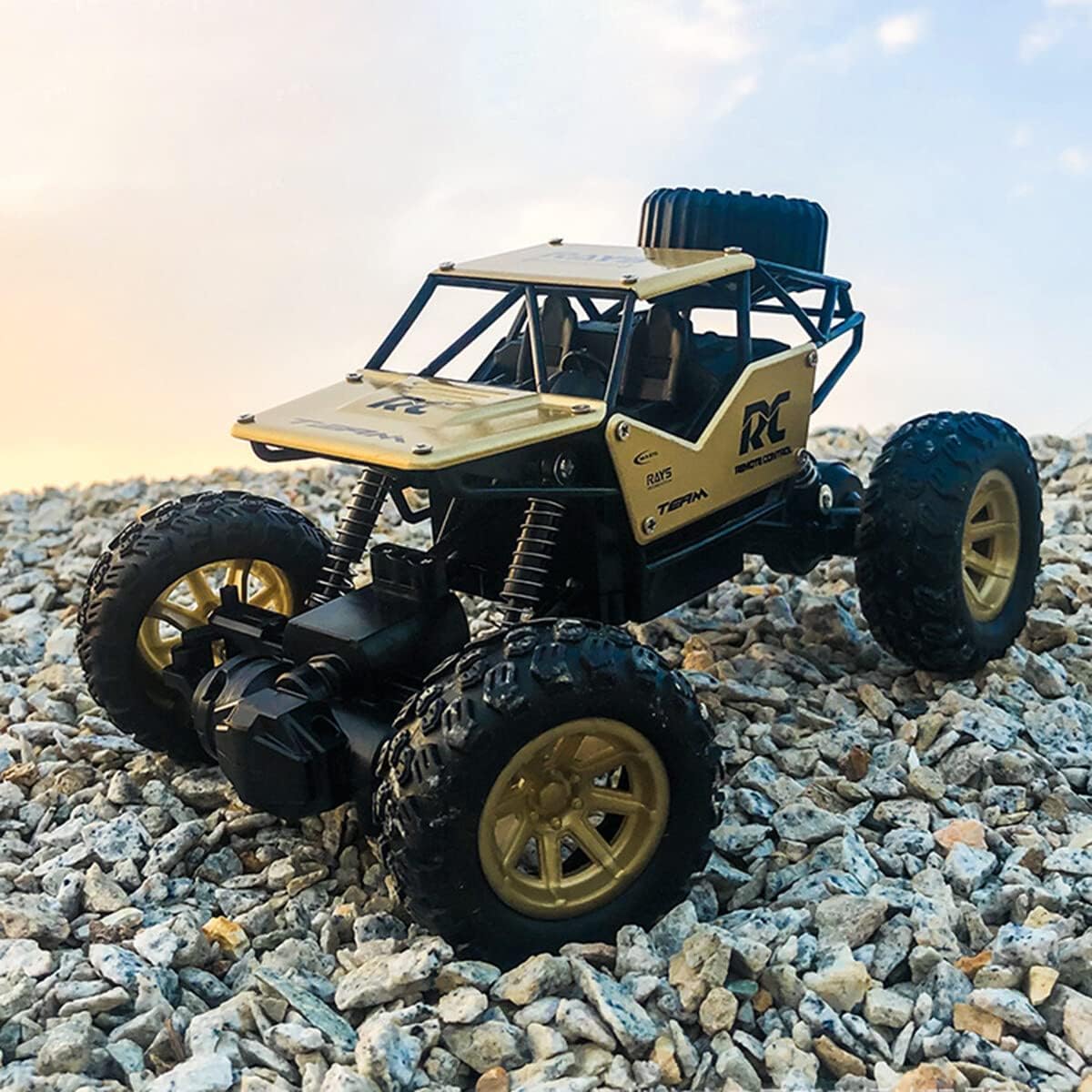 Mini Alloy Remote Controlled Rock Car RC Monster Truck, with Gun Remote, 1:18 Scale 2.4 Ghz, Golden