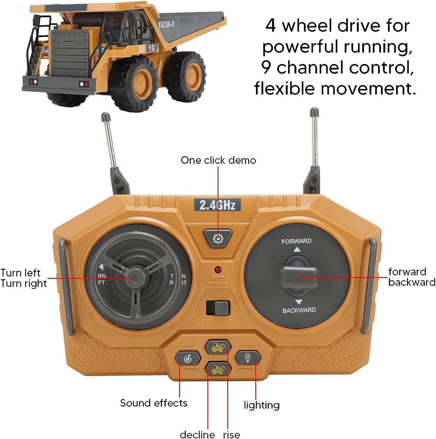 REMOTE CONTROL CONSTRUCTION DUMP TRUCK TOYS WITH 9 CHANNEL WITH RECHARGEABLE BATTERIES METAL AND LIGHT/SOUND RC DUMP TRUCK TOYS GIFTS IDEAS FOR 3 YEARS OLD KIDS - MULTICOLOR
