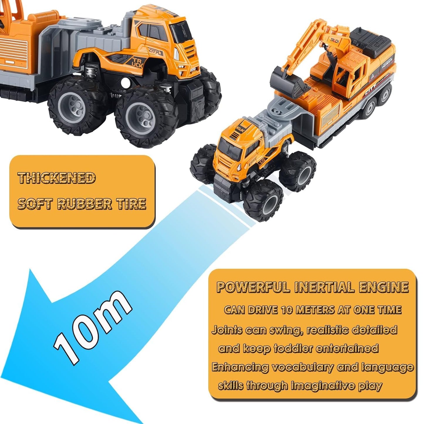 Excavator Toy Metal Head Bulldozer Long Crane Truck Friction Powered Engineering Vehicle Model Construction Toy for 2 3 4 5 Years Old Boy and Girl