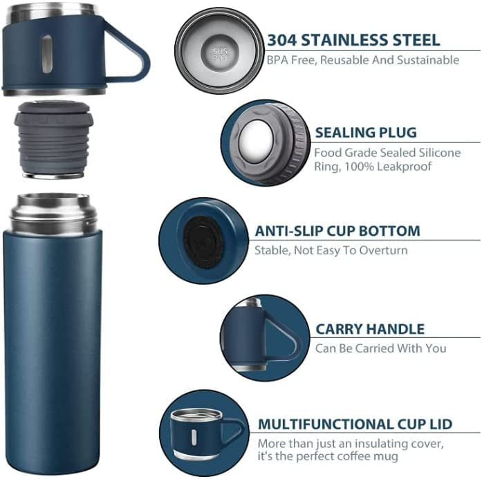 Premium Stainless Steel Thermo 500ml Vacuum Insulated Bottle Water Flask Gift Set with Two Cups Hot & Cold