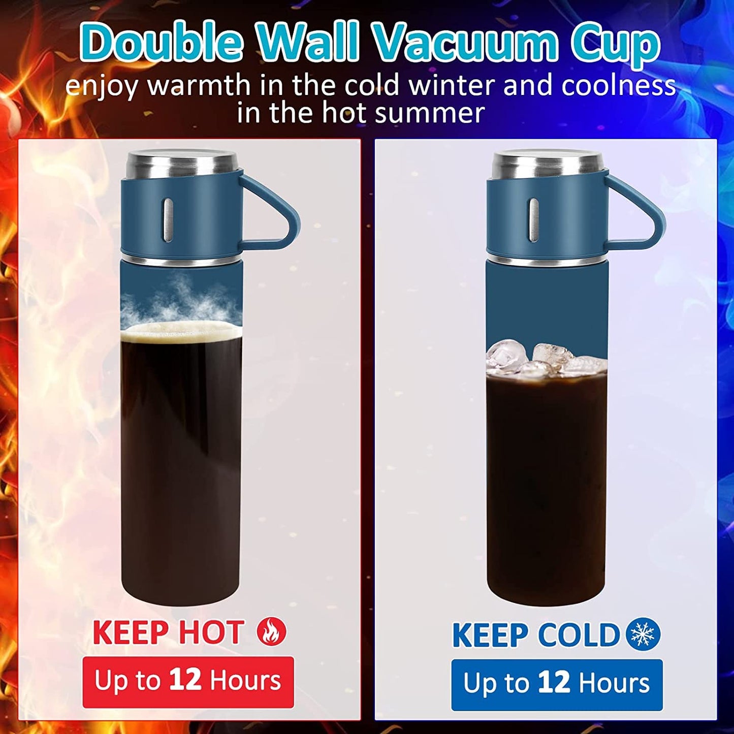 Premium Stainless Steel Thermo 500ml Vacuum Insulated Bottle Water Flask Gift Set with Two Cups Hot & Cold