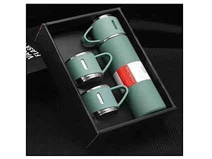 Premium Stainless Steel Thermo 500ml Vacuum Insulated Bottle Water Flask Gift Set with Two Cups Hot & Cold