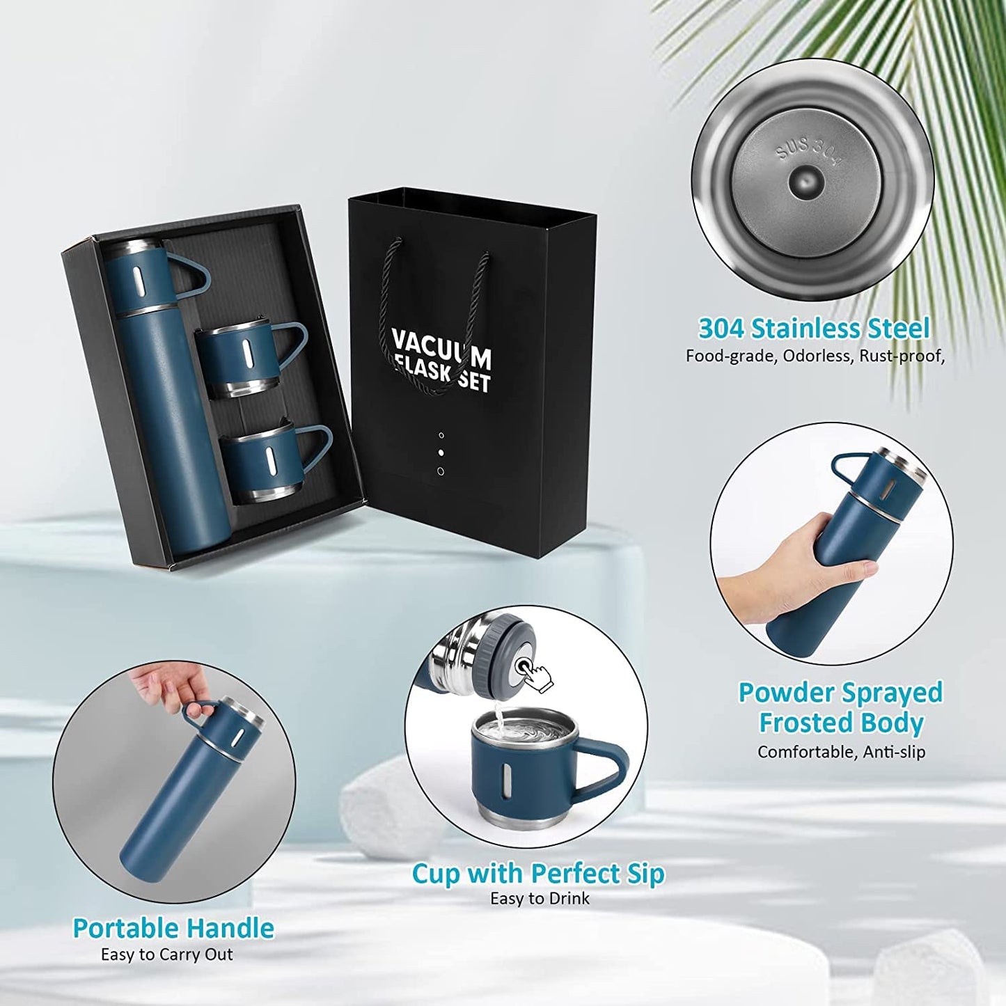 Premium Stainless Steel Thermo 500ml Vacuum Insulated Bottle Water Flask Gift Set with Two Cups Hot & Cold