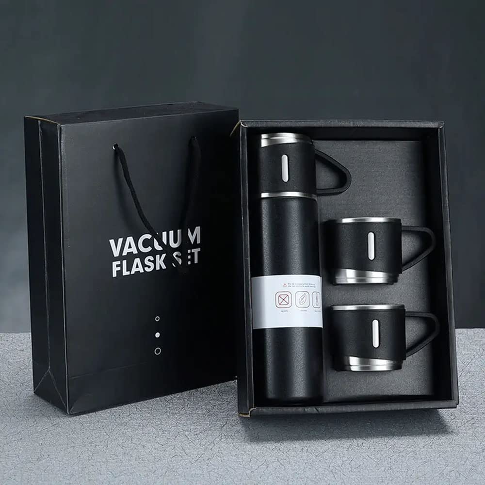 Premium Stainless Steel Thermo 500ml Vacuum Insulated Bottle Water Flask Gift Set with Two Cups Hot & Cold