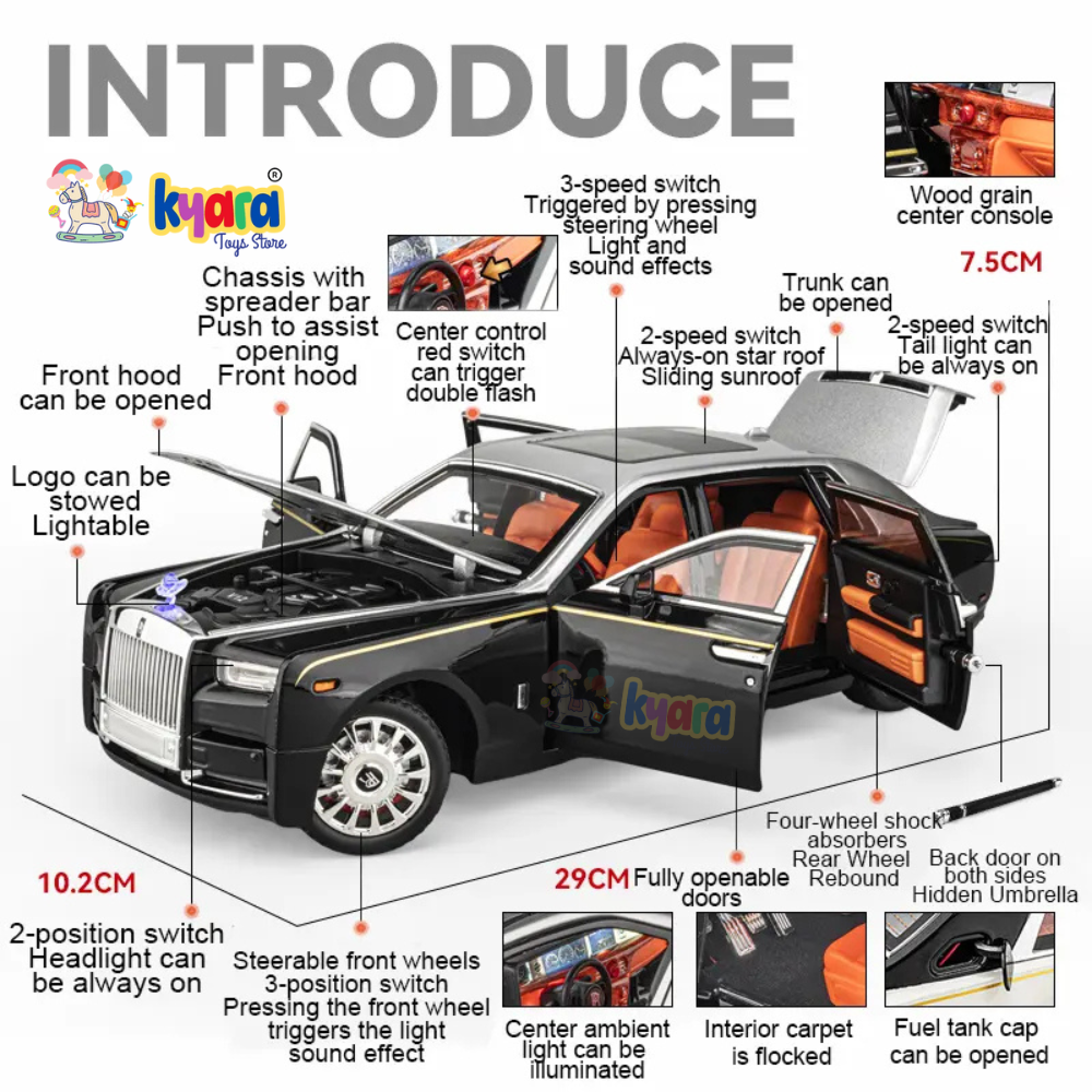 Rolls-royce Phantom Black-Silver Scale Model Diecast Metalcar - All Size