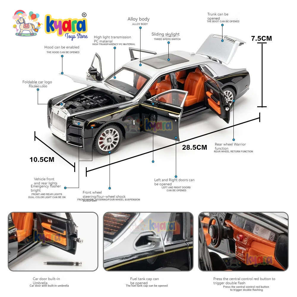 Rolls-royce Phantom Black-Silver Scale Model Diecast Metalcar - All Size