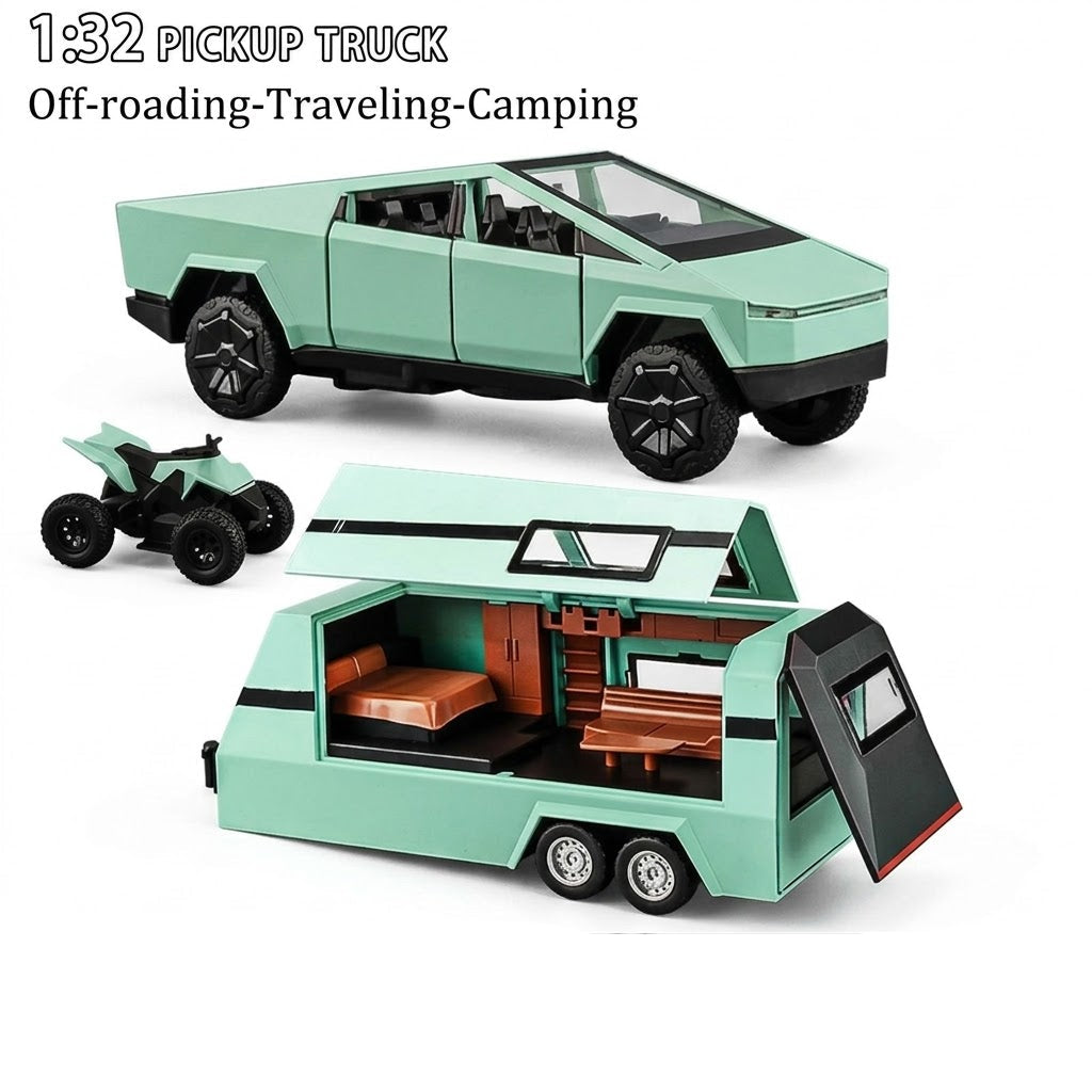 Tesla Cyber Truck Pick-up Trailer Camper 1:24 Diecast Scale Model Car