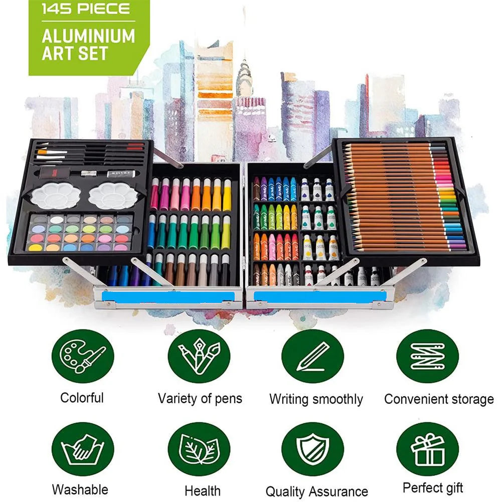 145 PIECES DRAWING COLOR KIT SKETCH COLOUR PENCIL SET OIL PASTELS COLOUR SET WATERCOLOR CAKES PAINT BRUSH SHARPENER ERASER STATIONARY ART SUPPLIES FOR ARTIST [SIZE:-34CM*23CM*8.5CM]