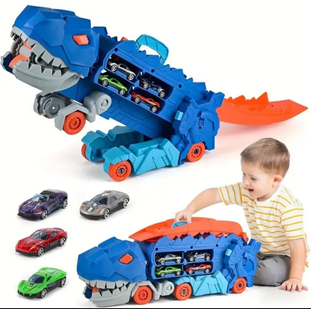 Dinosaur Transport Truck Toy with Foldable Sliding Race Track