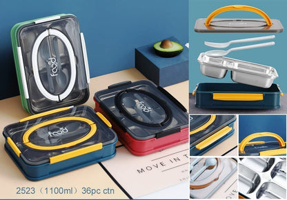 Stainless Steel Lunch Box 4 Compartments, Adult Food Storage Containers Airtight Sealed Lids with Large Capacity. Pack of 1. (4 Compartment Lunch Box with Handle. (1250ml))
