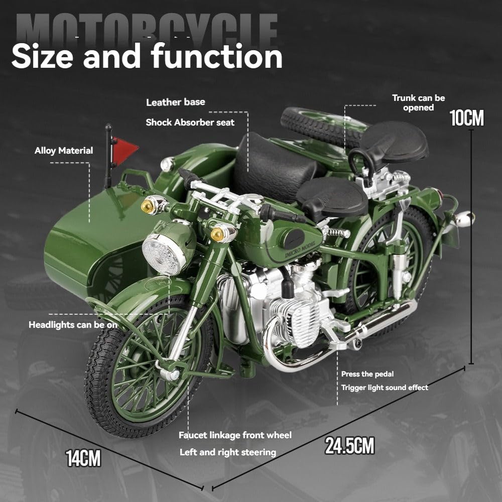 Vintage Military Sidecar Motorcycle 1:10  Die Cast Model