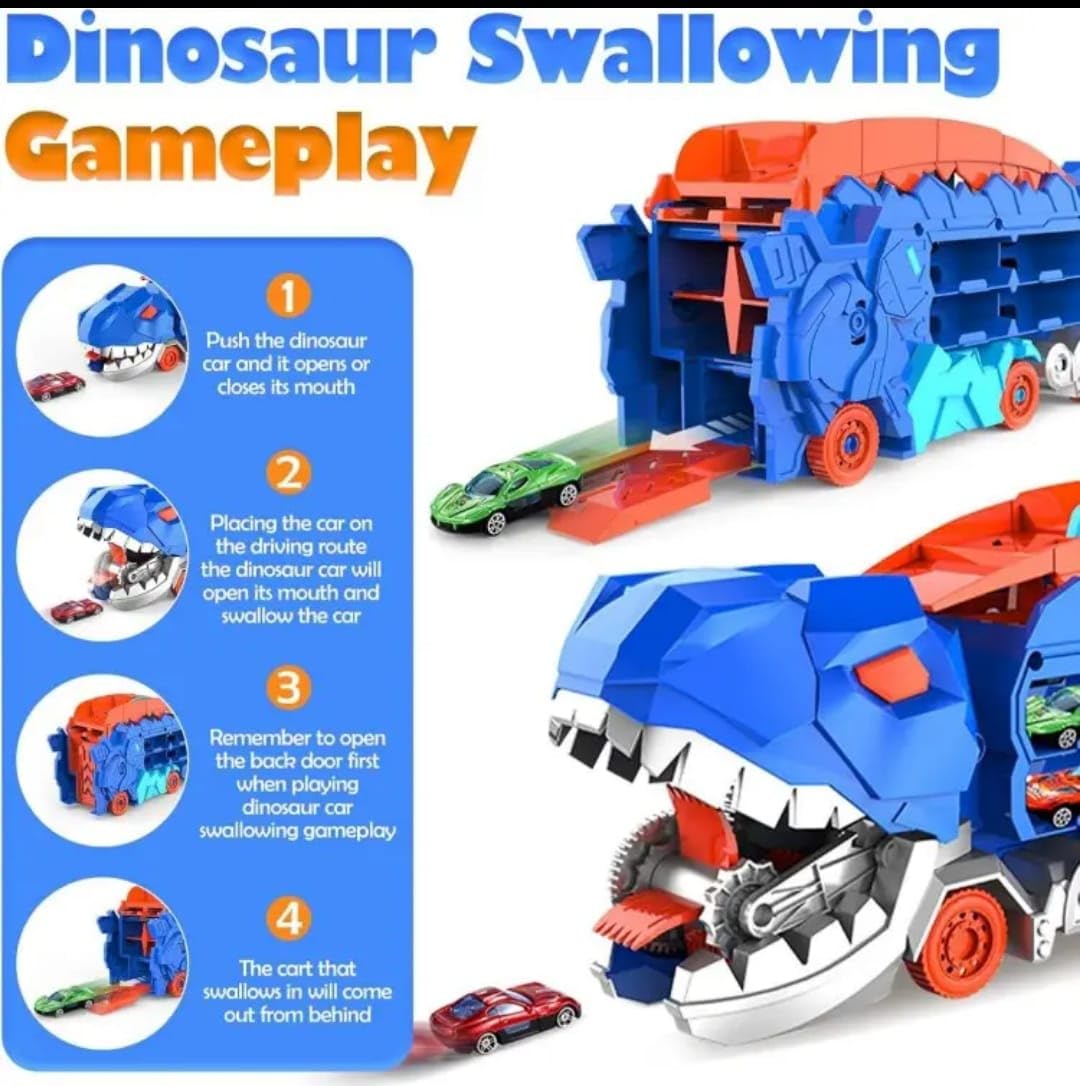 Dinosaur Transport Truck Toy with Foldable Sliding Race Track