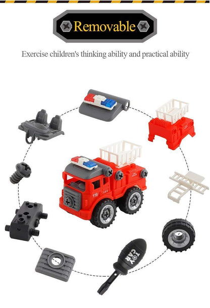 FIRE TRUCKS TOY PLAYSET 4 DIY TAKE APART TOYS CREATION DIY ASSEMBLY TOY DISASSEMBLING FIRE RESCUE TRUCKS SET UNBREAKABLE SCREWDRIVER AND DRILL MACHINE, EDUCATIONAL GIFT FOR KIDS 3-14 YEARS