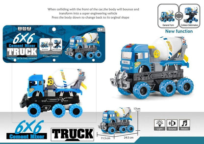 BIG SIZE HEAVY 6X6 PULL BACK DEFORMATION CONSTRUCTION TRUCK VEHICLE TOY FOR KIDS FRICTION POWERED WHEEL SOUND AND LIGHT EFFECT TOY TRUCK FOR 3+ YEARS OLD BOYS GIRLS (CEMENT MIXER TRUCK) [SIZE:-24.5CM*17CM*11.5CM]