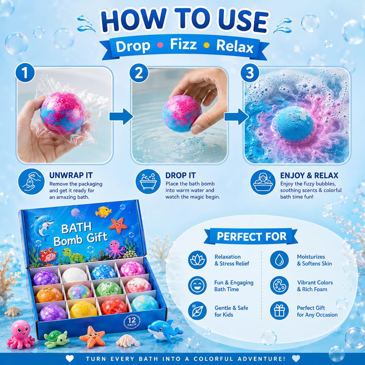 Giggle Tree Bath Bombs for Kids Gift Set, 12 ocean-themed fizzers