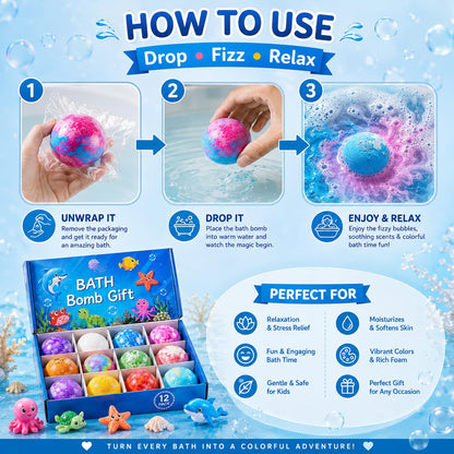 Giggle Tree Bath Bombs for Kids Gift Set, 12 ocean-themed fizzers