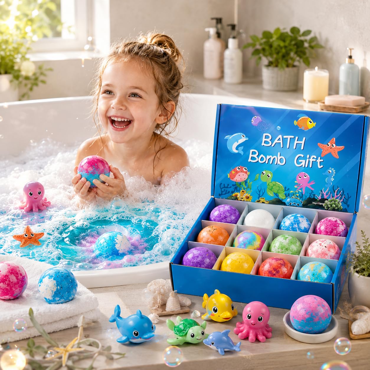 Giggle Tree Bath Bombs for Kids Gift Set, 12 ocean-themed fizzers