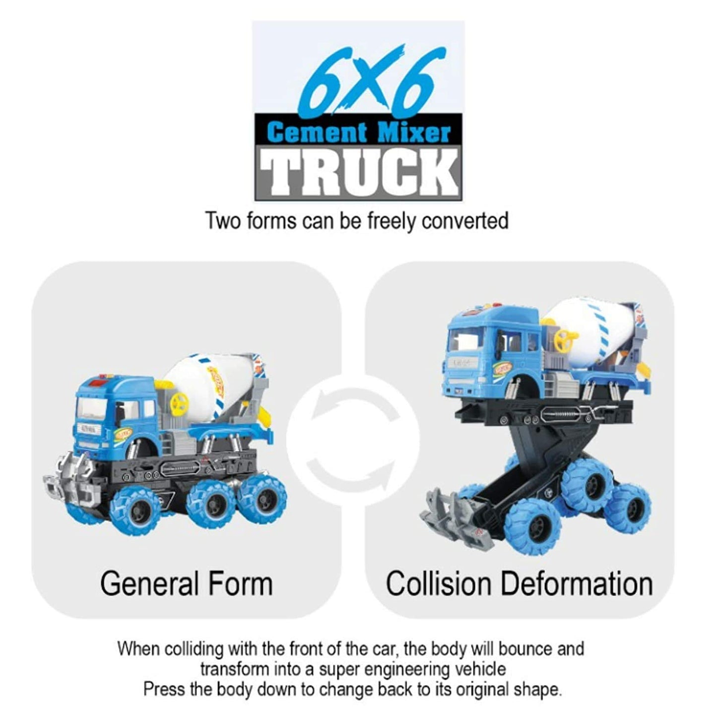 BIG SIZE HEAVY 6X6 PULL BACK DEFORMATION CONSTRUCTION TRUCK VEHICLE TOY FOR KIDS FRICTION POWERED WHEEL SOUND AND LIGHT EFFECT TOY TRUCK FOR 3+ YEARS OLD BOYS GIRLS (CEMENT MIXER TRUCK) [SIZE:-24.5CM*17CM*11.5CM]