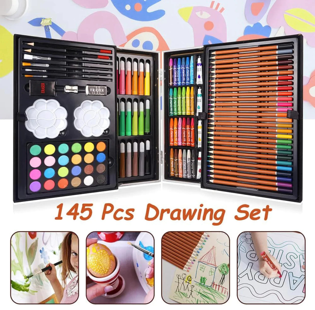 145 PIECES DRAWING COLOR KIT SKETCH COLOUR PENCIL SET OIL PASTELS COLOUR SET WATERCOLOR CAKES PAINT BRUSH SHARPENER ERASER STATIONARY ART SUPPLIES FOR ARTIST [SIZE:-34CM*23CM*8.5CM]