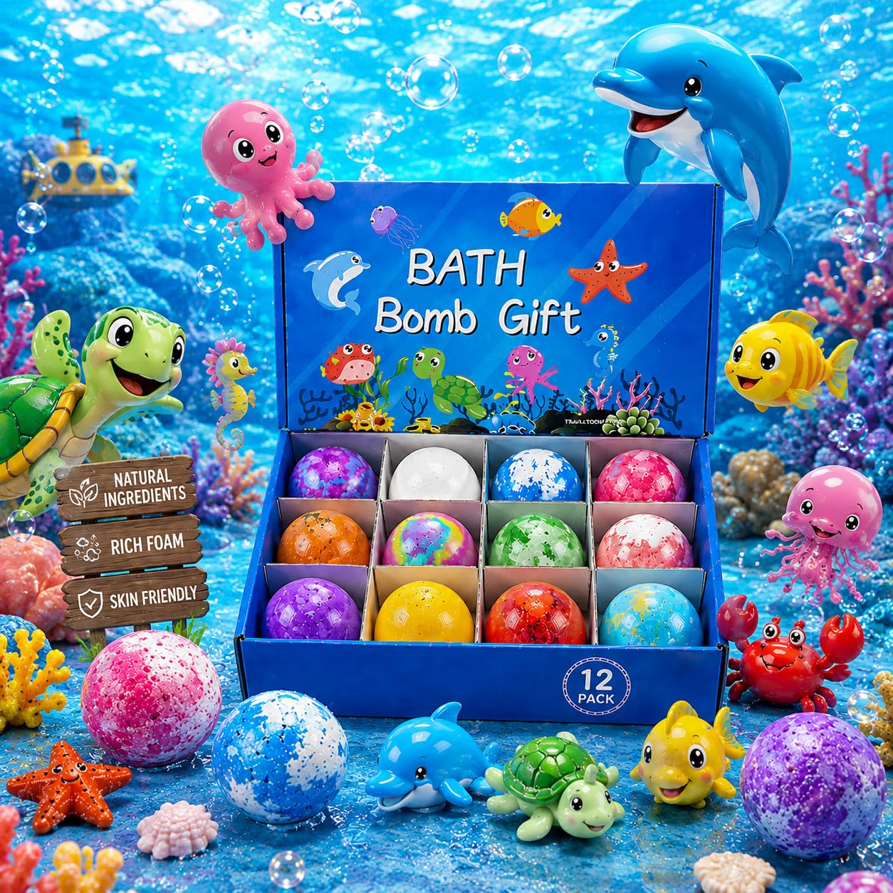 Giggle Tree Bath Bombs for Kids Gift Set, 12 ocean-themed fizzers