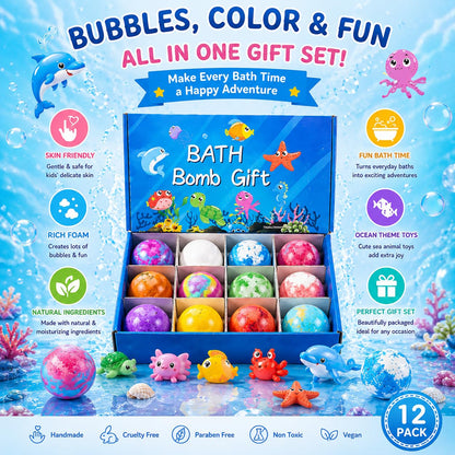 Giggle Tree Bath Bombs for Kids Gift Set, 12 ocean-themed fizzers