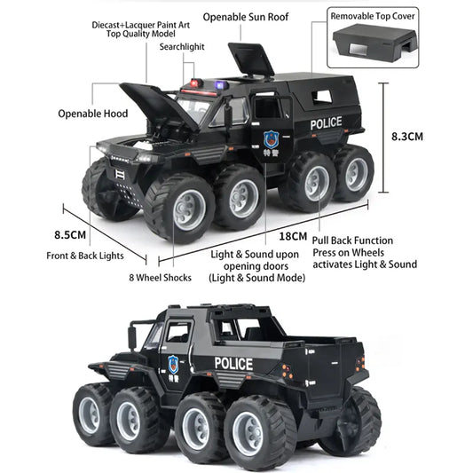 8X8 OFF-ROAD REFITTED MODEL ADVENTURE SUV CAR  1:32 DIECAST METAL PULLBACK TOY CAR WITH OPENABLE DOORS & LIGHT, MUSIC BOYS CAR FOR KIDS BEST TOYS GIFTS TOYS FOR KIDS [SIZE:- 22.5CM*10.3CM*10CM]【 MULTICOLOR 】
