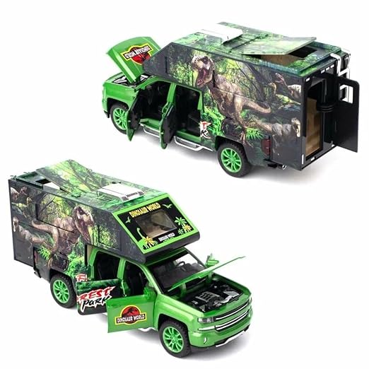 Jurassic Dinosaurs World Die Cast Metal Car 1:32 Diecast Car Model Transport Truck Light Sound Openable Door Pull Back  [SIZE:-20.5CM*9.5CM*6.3CM]