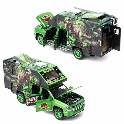 Jurassic Dinosaurs World Die Cast Metal Car 1:32 Diecast Car Model Transport Truck Light Sound Openable Door Pull Back  [SIZE:-20.5CM*9.5CM*6.3CM]