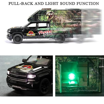 Jurassic Dinosaurs World Die Cast Metal Car 1:32 Diecast Car Model Transport Truck Light Sound Openable Door Pull Back  [SIZE:-20.5CM*9.5CM*6.3CM]
