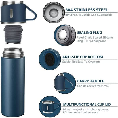 Premium Stainless Steel Thermo 500ml Vacuum Insulated Bottle Water Flask Gift Set with Two Cups Hot & Cold