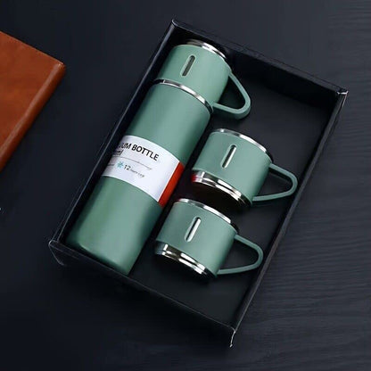 Premium Stainless Steel Thermo 500ml Vacuum Insulated Bottle Water Flask Gift Set with Two Cups Hot & Cold