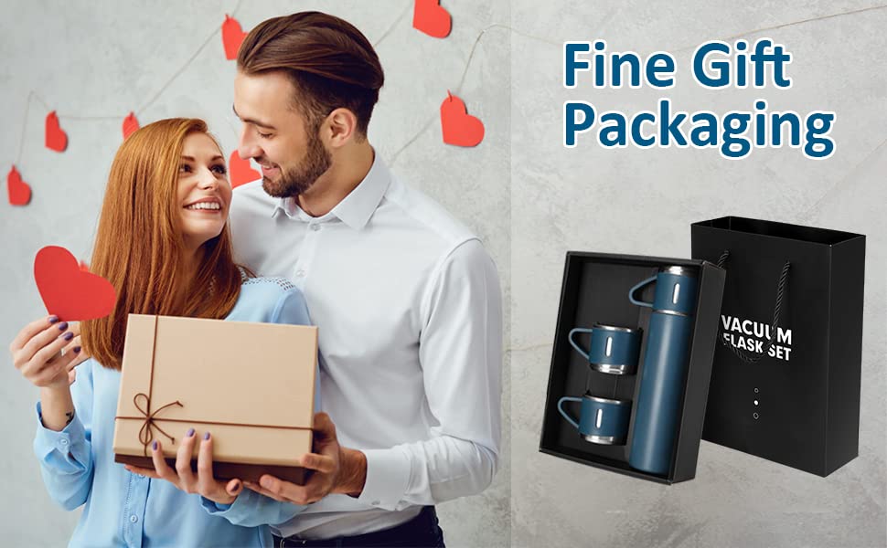 Premium Stainless Steel Thermo 500ml Vacuum Insulated Bottle Water Flask Gift Set with Two Cups Hot & Cold