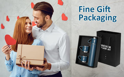 Premium Stainless Steel Thermo 500ml Vacuum Insulated Bottle Water Flask Gift Set with Two Cups Hot & Cold