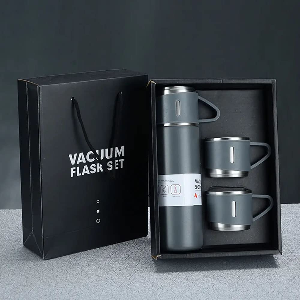 Premium Stainless Steel Thermo 500ml Vacuum Insulated Bottle Water Flask Gift Set with Two Cups Hot & Cold
