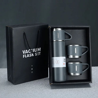 Premium Stainless Steel Thermo 500ml Vacuum Insulated Bottle Water Flask Gift Set with Two Cups Hot & Cold