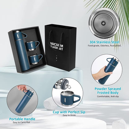 Premium Stainless Steel Thermo 500ml Vacuum Insulated Bottle Water Flask Gift Set with Two Cups Hot & Cold