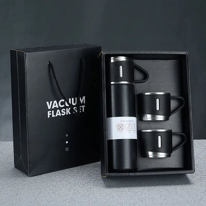Premium Stainless Steel Thermo 500ml Vacuum Insulated Bottle Water Flask Gift Set with Two Cups Hot & Cold