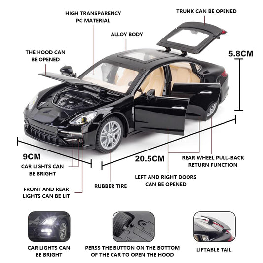 BIG SIZE PORCHE PALAMORA 1:24 DIECAST METAL PULLBACK TOY CAR WITH OPENABLE DOORS & LIGHT, MUSIC BOYS CAR FOR KIDS BEST TOYS GIFTS TOYS FOR KIDS [SIZE:-20.5CM*9CM*5.8CM]【 MULTICOLOR 】