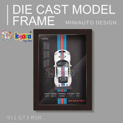 FrameYourWheels 3D Diecast Model Car Frame, 911 GT3 RSR Interactive Wall Décor with Openable Doors, Pull Back Car Diecast Metal & Light Music car Toys for Kids, Adults | Premium Car Model Display